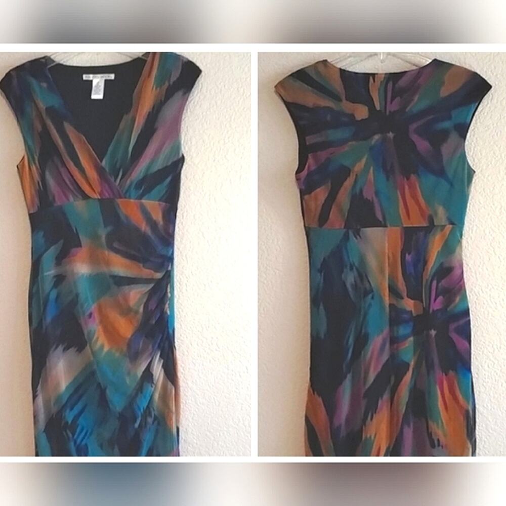 Maggy London V-neck Mesh Sleeveless Lined Colorful Slit Leg Midi Pencil Dress 8